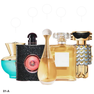 Combination of 5 women's perfumes – Versace, Black Opium, J'adore, Chanel and Fame